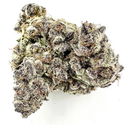 Close-up of a dense, frosty cannabis bud with purple and green hues.