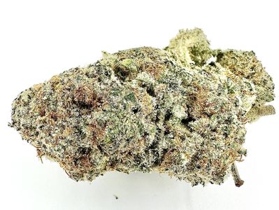Close-up of a frosty cannabis bud with green and orange hues.