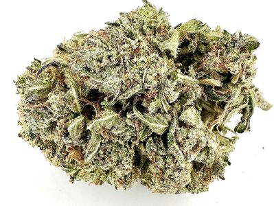 Close-up of a dense cannabis bud with frosty trichomes.