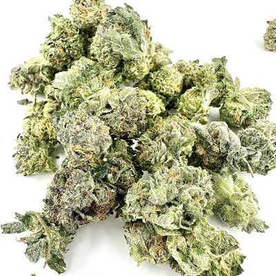 Close-up of cannabis buds with frosty trichomes.