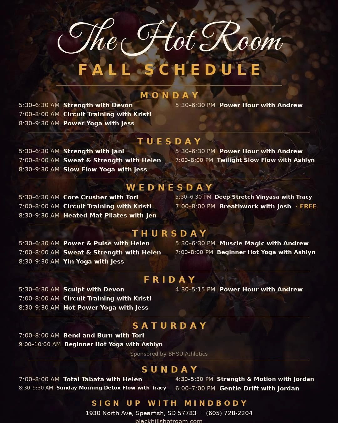 Fall fitness class schedule at The Hot Room.