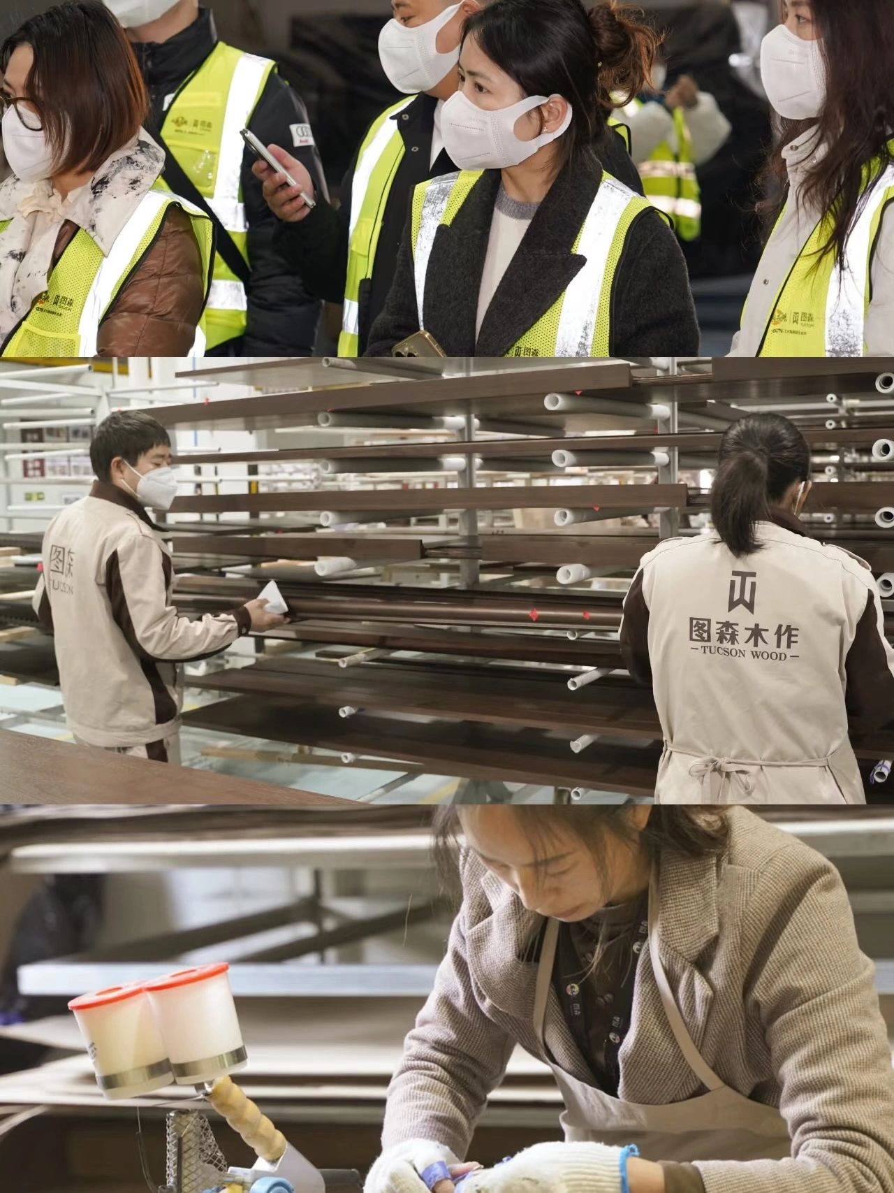 Workers wearing masks and safety vests in a wood workshop, inspecting and working on wood materials.