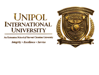 Logo and emblem of Unipol International University with motto and values.