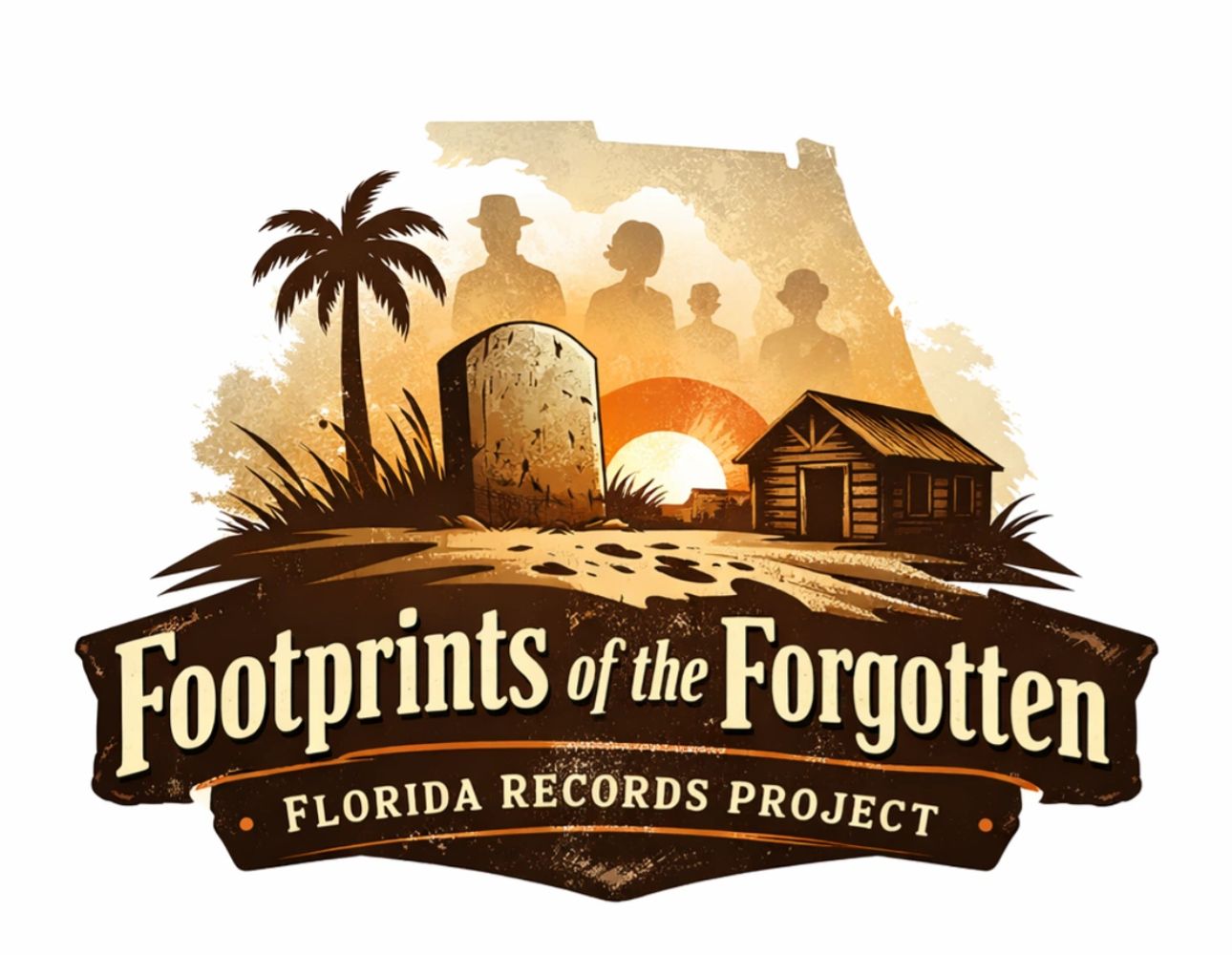 Logo for Footprints of the Forgotten Florida Records Project with tombstone, palm tree, and cabin.