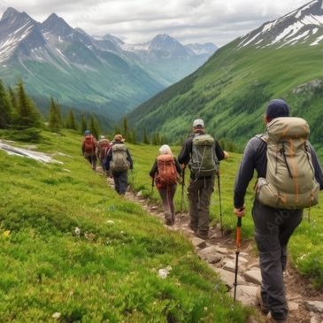 People hiking through mountainous countryside. Symbolic of the dream interpretation journey.