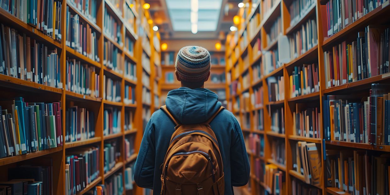 Man walking in library, learning about dream interpretation and how to understand dream meanings.