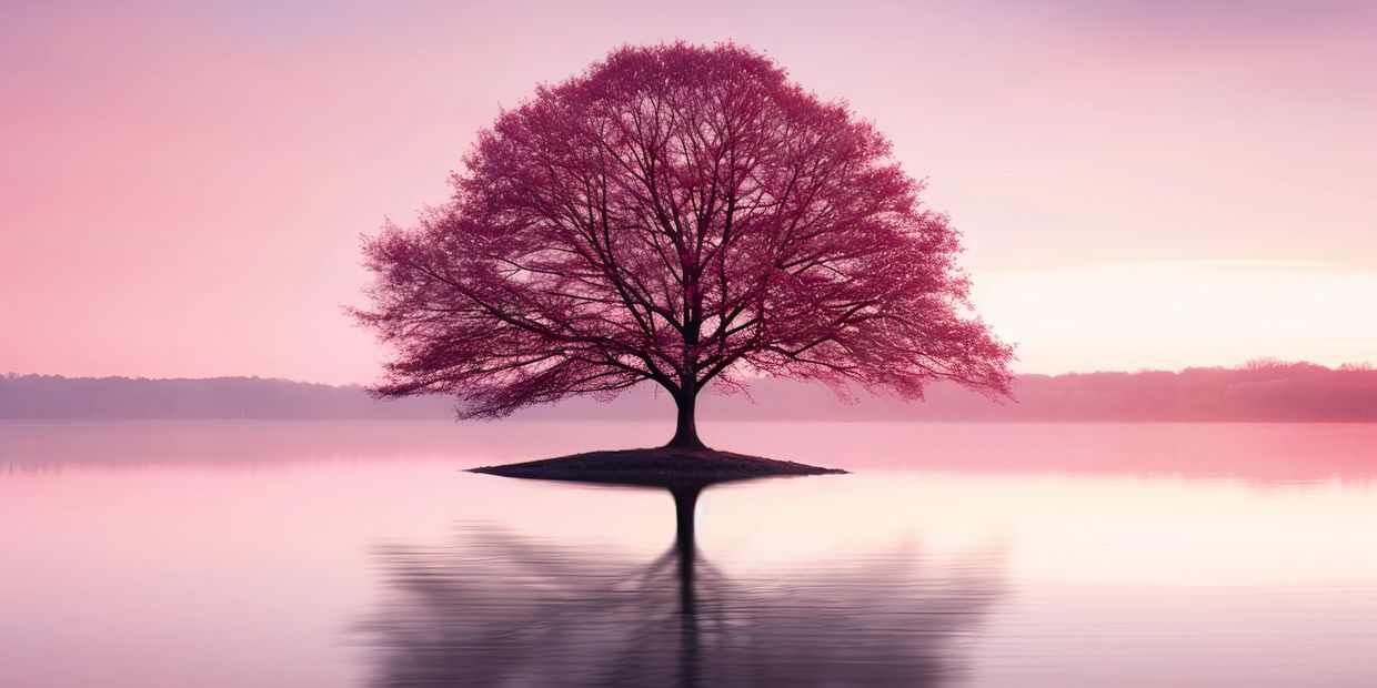 Purple tree of life, reflected in surrounding water. Symbolic of dream states and connection to life.