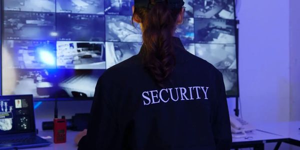 Security personnel monitoring multiple surveillance screens in a control room.