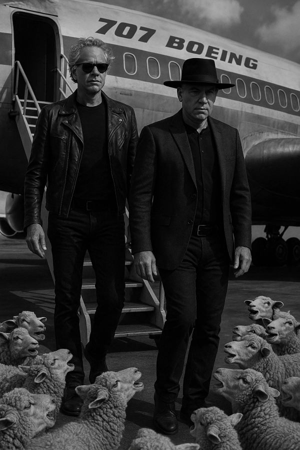 Two men walk down airplane steps surrounded by a flock of sheep in black and white.
