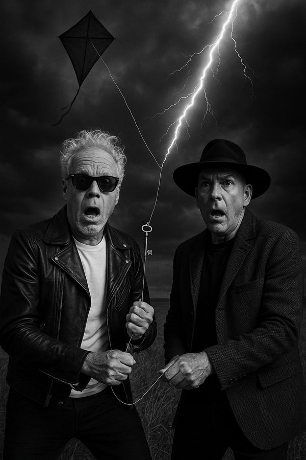 Two men hold a kite with a key as lightning strikes behind them.