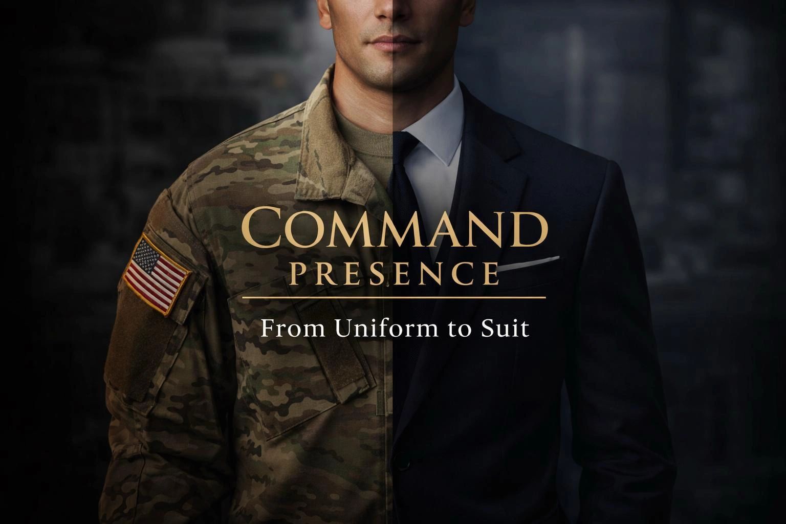 Man split between military uniform and business suit, symbolizing transition.