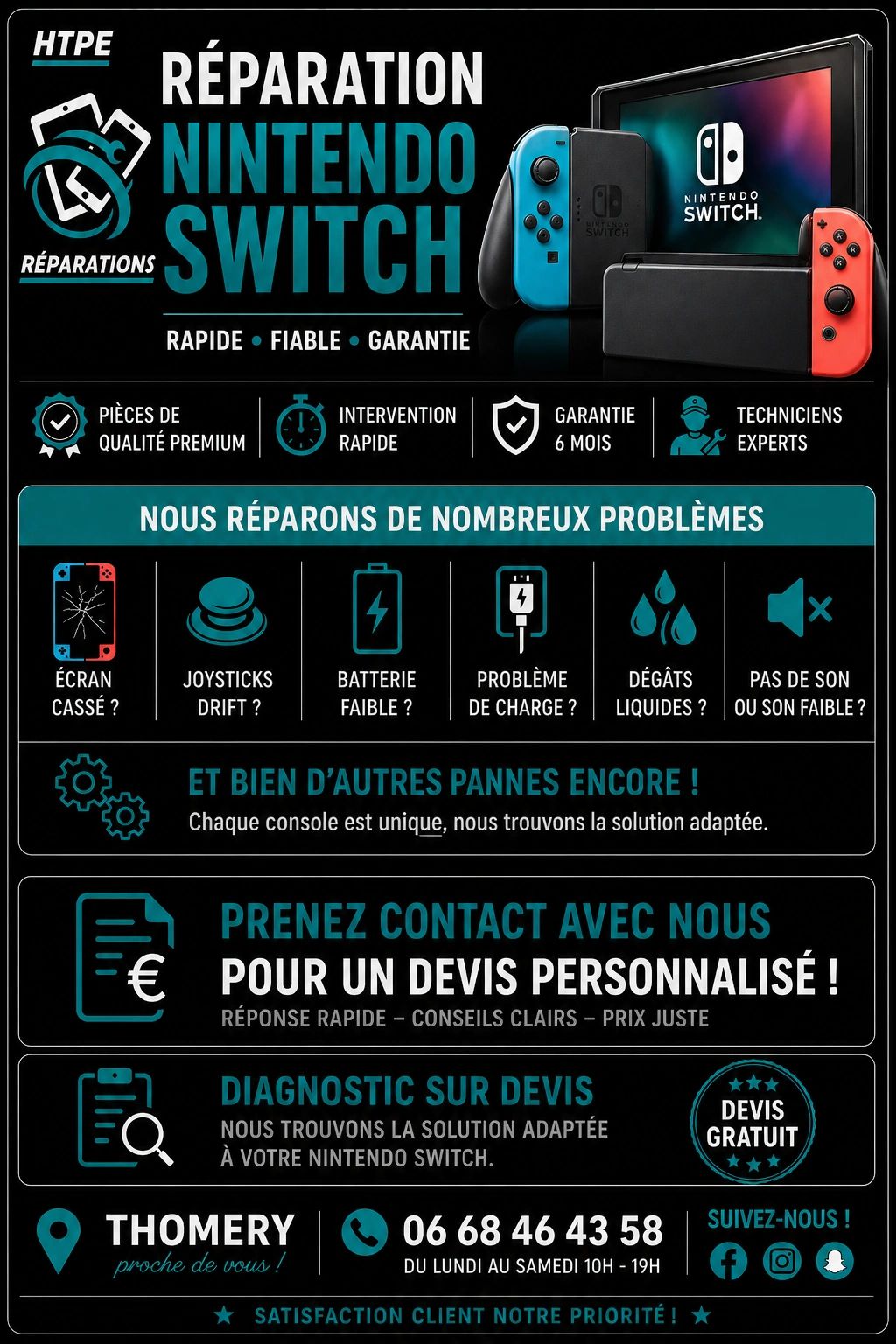 Annonce de réparation rapide et garantie pour Nintendo Switch avec techniciens experts.
