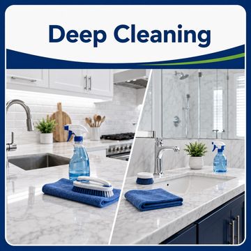 Cleaning supplies on a kitchen and bathroom marble countertop.