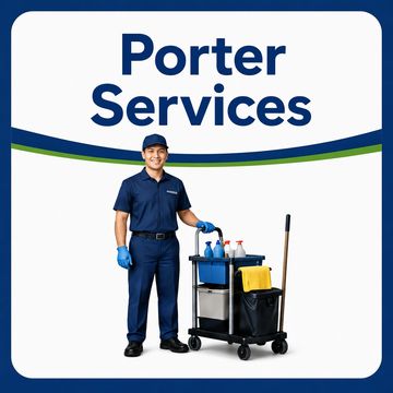 Porter services worker with cleaning cart.