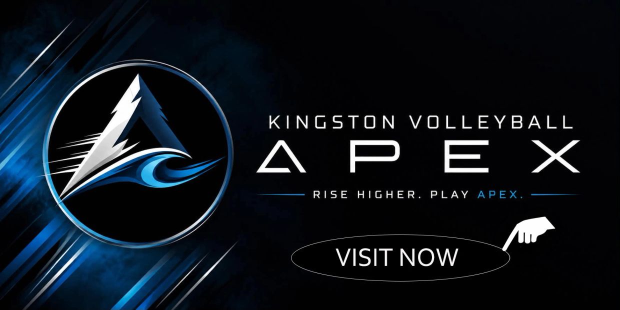 Kingston Volleyball Apex logo with 'Visit Now' button.
