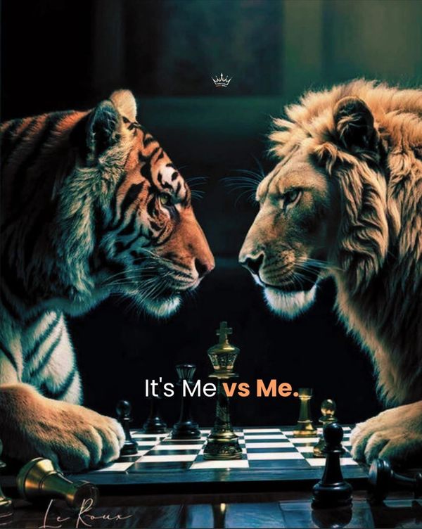 Tiger and lion face off over a chessboard with the text 'It's Me vs Me.'