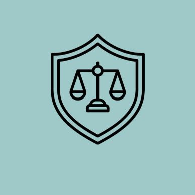 Black justice scale icon inside a shield on teal background.