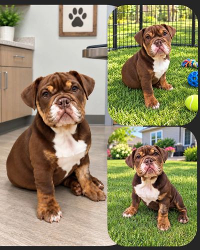 Cute brown puppy with white chest sitting indoors and outdoors.