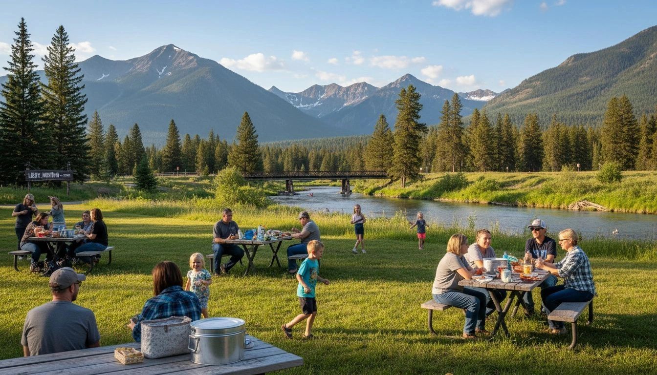 Families picnic by a river with mountains in the background on a sunny day.