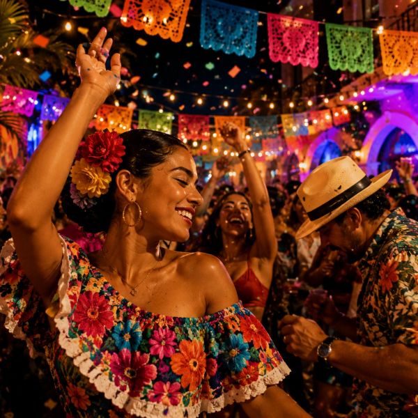 People joyfully dancing at a colorful festival.