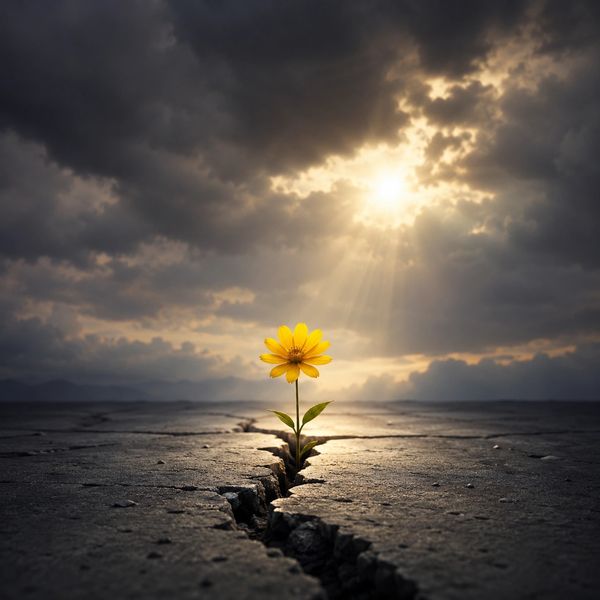 A yellow flower blooms through a crack in dry ground under dramatic sunlight.