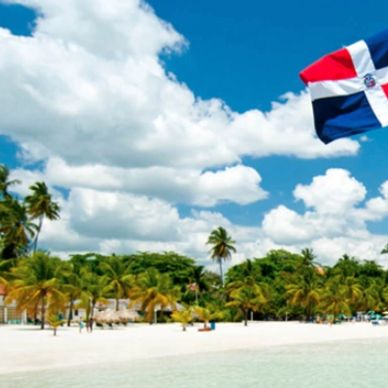 Tropical beach with palm trees and Dominican Republic flag under blue sky.