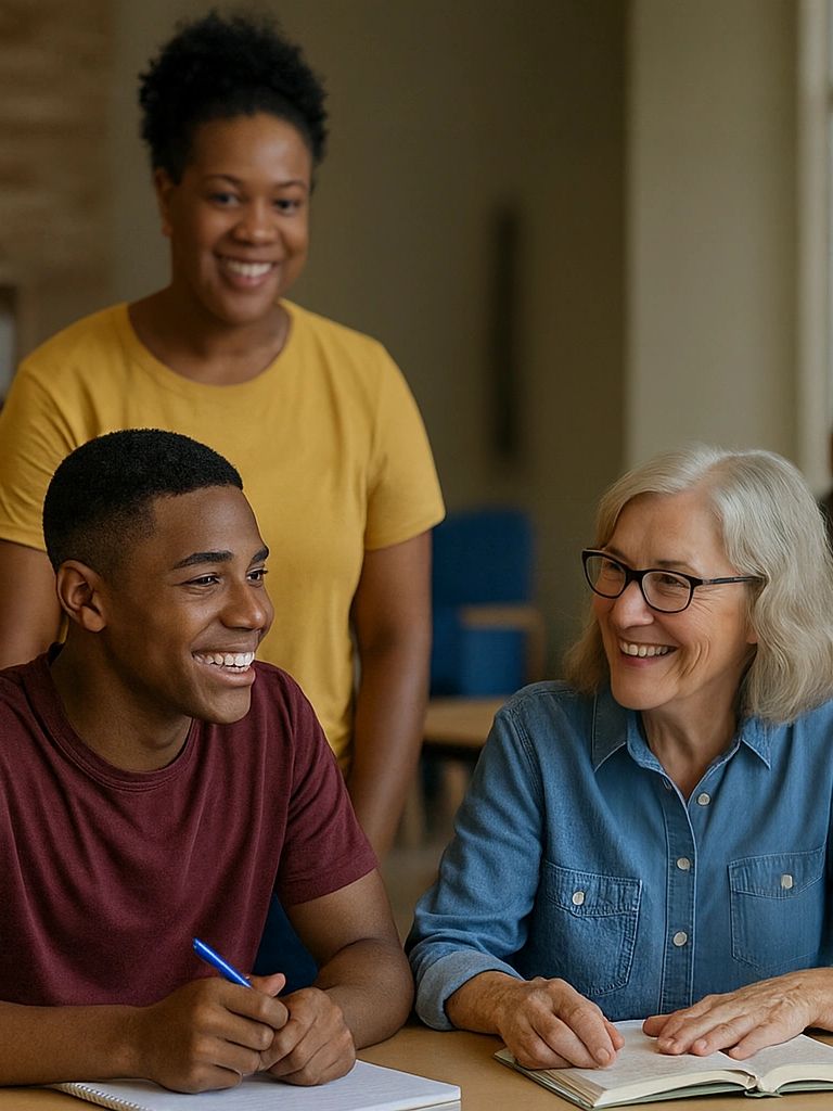 Group people sitting at a table discussing literature 