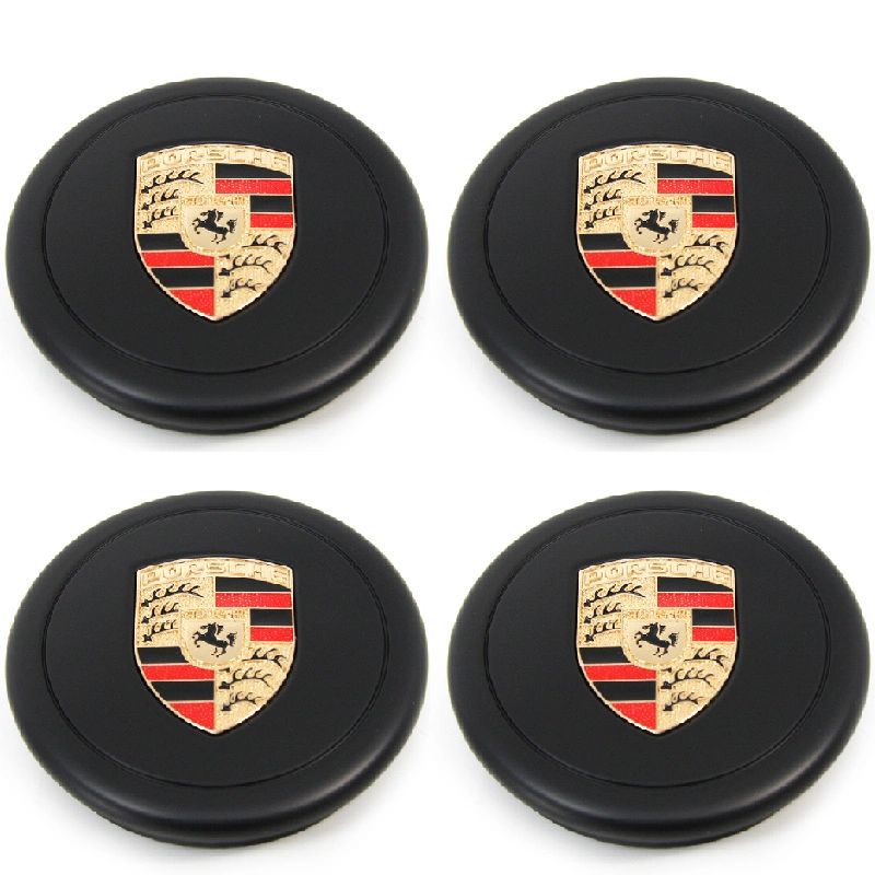 Set of 4 Porsche Metal Alloy Black Center Cap with Colored Porsche Crest  for Fuchs