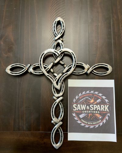 Fish Cross crafted from horseshoes.