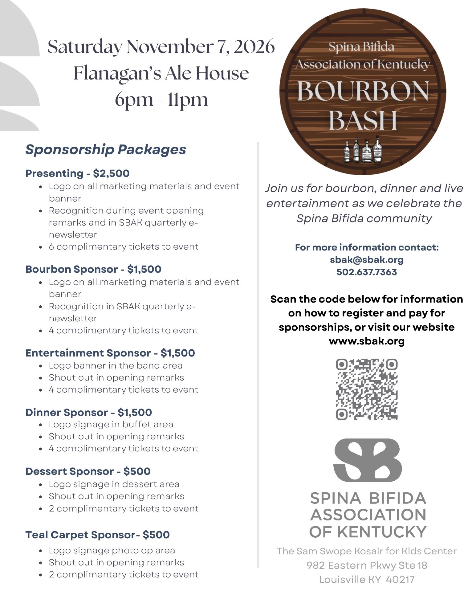 Spina Bifida Association of Kentucky Bourbon Bash sponsorship details and event info.
