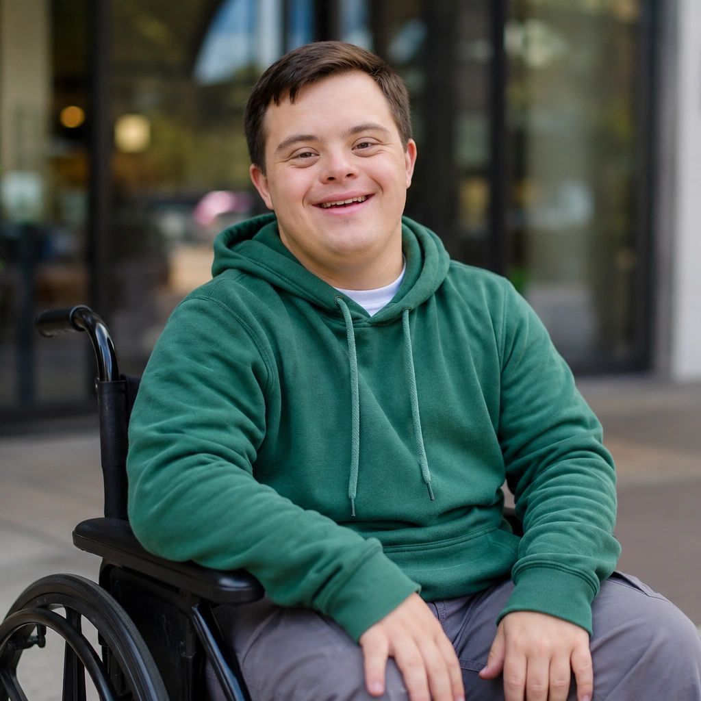 Happy young man in a wheelchair wearing a green hoodie.