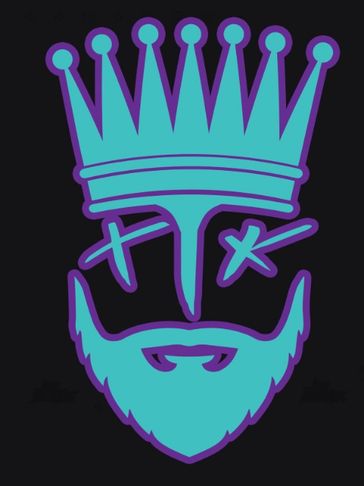 Stylized blue face with crown and beard on black background.