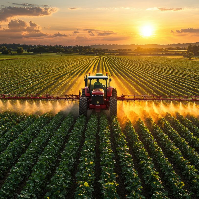 Tractor spraying crops in a vast field during sunset.