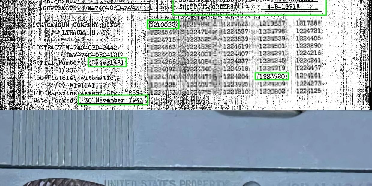 WWII Ithaca Gun Company M1911A1 shipping manifest database record sample.