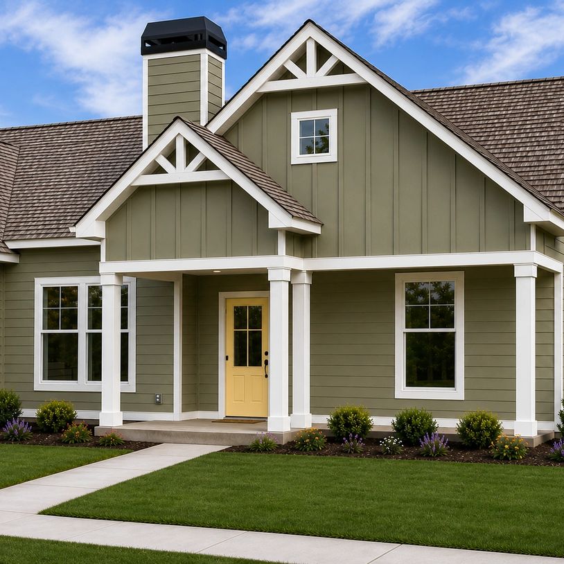 Modern green house with white trim and a yellow door under a blue sky.