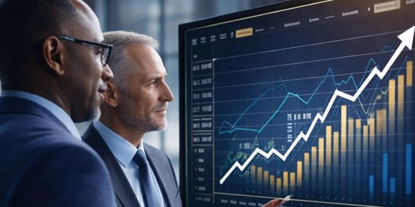 Two businessmen analyzing a rising financial graph on a large screen.