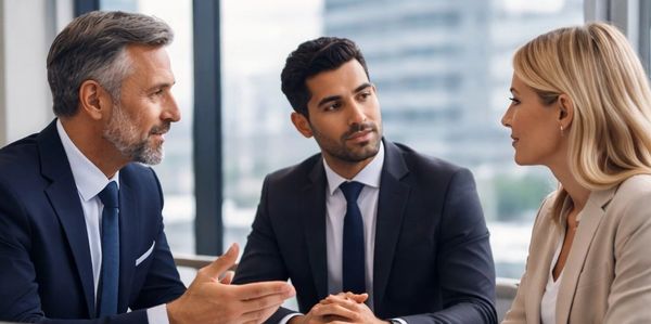 Three professionals engaged in a business discussion around a table with charts and laptop.