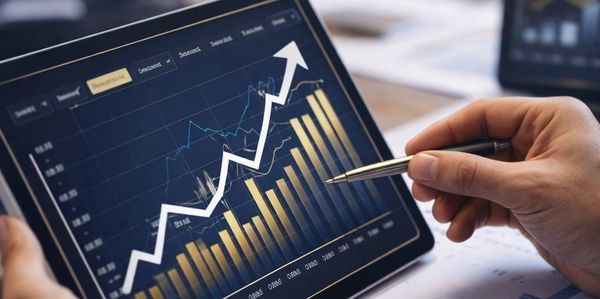 Businessman analyzing rising financial graphs on a tablet with pen.