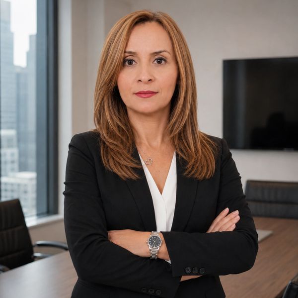 Confident businesswoman in a professional office setting with arms crossed.
