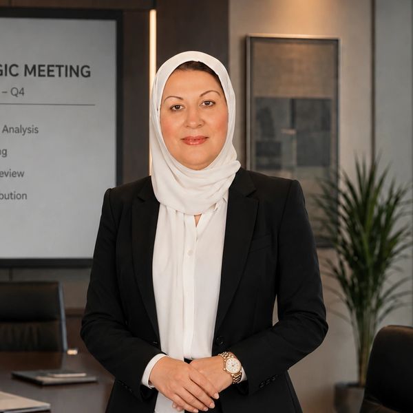 Professional woman in a hijab standing confidently in an office meeting room.