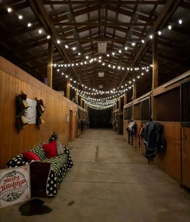Festively decorated horse stable aisle with string lights and Christmas decor.