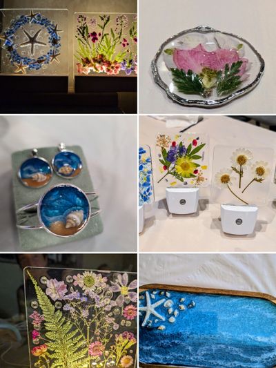 Collection of resin art pieces with flowers, seashells, and marine themes.