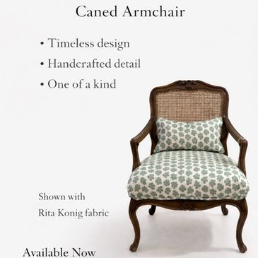Caned armchair upholstered in Rita Koenig /Schumacher upholstery