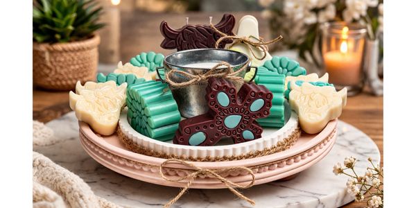 Decorative soap bars and a small bucket arranged on a tiered plate with rustic accents.