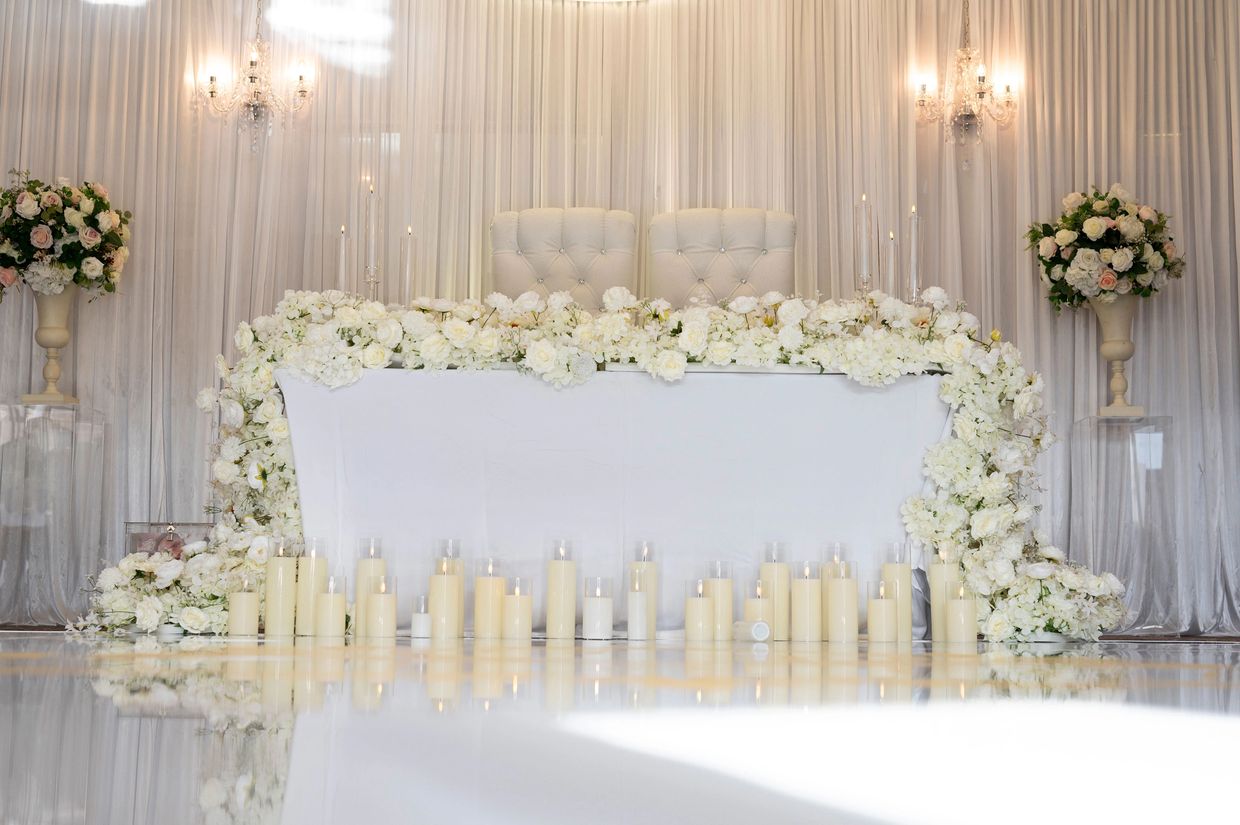 Luxury wedding sweetheart table décor with refined finishing touches, at Shendish Manor
