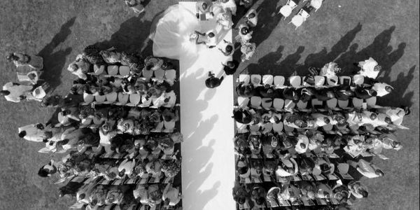 Drone view. Outdoor wedding ceremony at Quendon Hall, Parklands