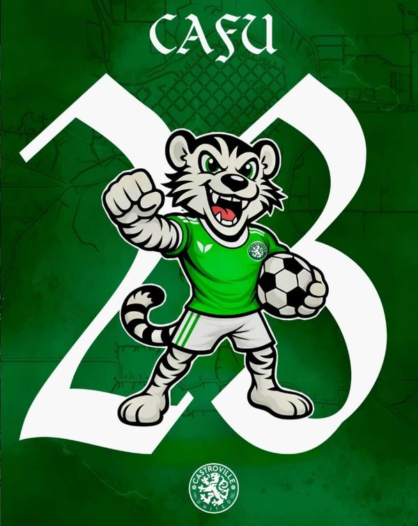 Cartoon tiger mascot holding a soccer ball with number 23 and green background.
