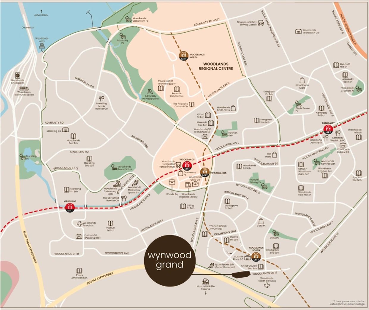Map of Woodlands area with MRT stations and landmarks.