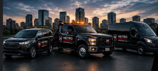 Three Metro Maintenance Group vehicles parked in a cityscape at dusk.