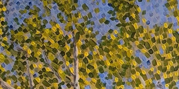 Impressionist painting of trees with green and yellow leaves against a blue sky.